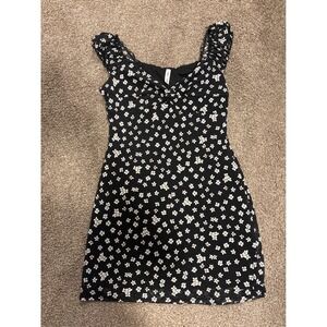 7DAY WKND Floral Mini Dress Womens S Black Excellent Daisy Ruffle Knot Front